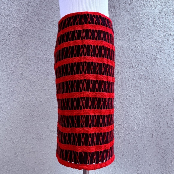 W Worth Black Red Midi Straight Skirt Size 4 Woven Striped Lined Pencil Retro - Picture 4 of 15